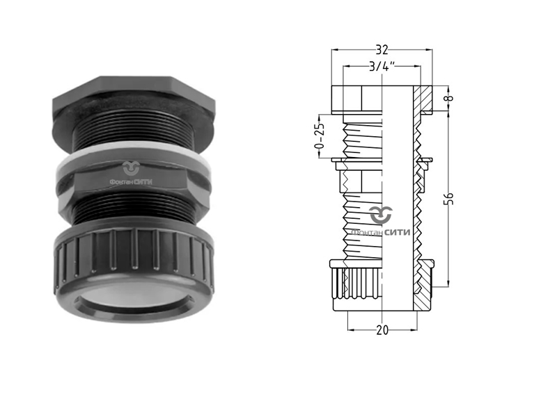 Переход на емкость PVC-U PN16 с цангой